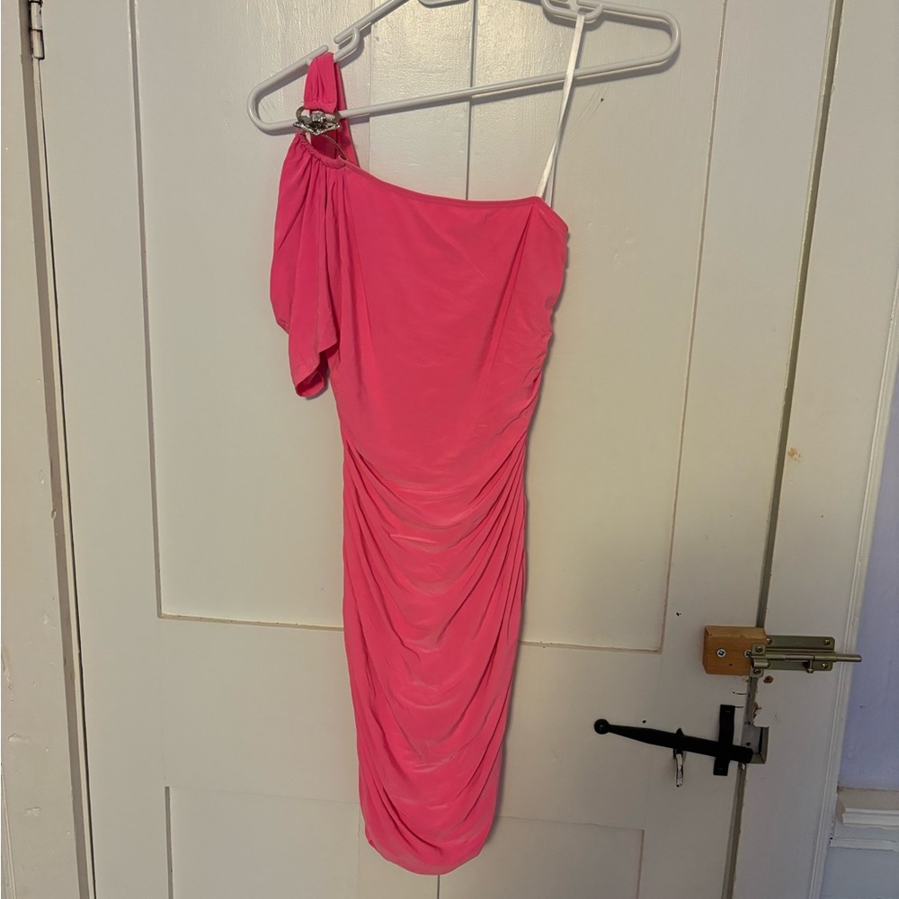 Home coming dress (Deb, neon pink, one shoulder, rhinestone buckle, size medium)